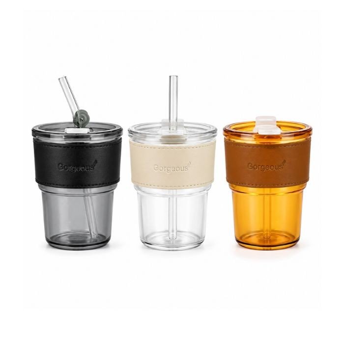 Glass Coffee Cup With Straw & Cover