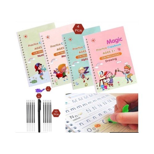 Sank Magic Practice Copybook For Preschooling (Set of 4 Books, 1 Pen, 10 Reffils & 1 Pen Holder)