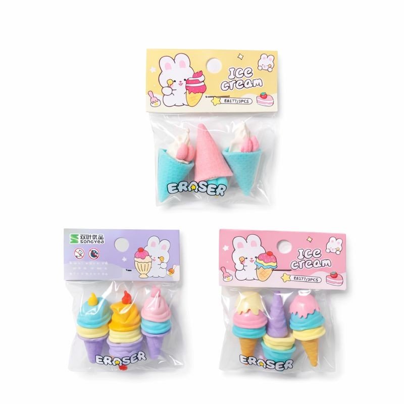 3 Pcs Ice Cream Eraser Pack